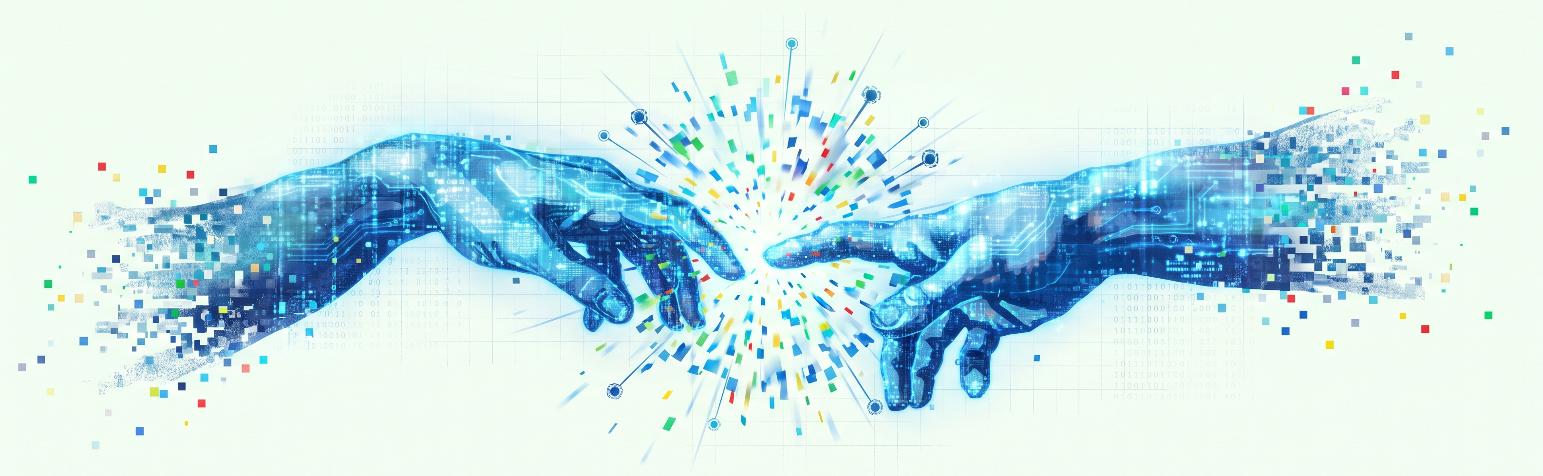 Two digitized hands reaching toward one another, with a burst of colored data fragments at the point of contact.
